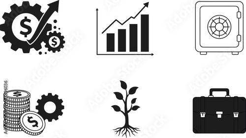 Financial growth and investment concepts, business success icons, money management, savings, profit increase, secure vault, economic development