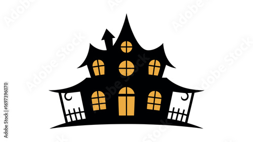 Black haunted house with glowing windows and unique roof design Halloween
