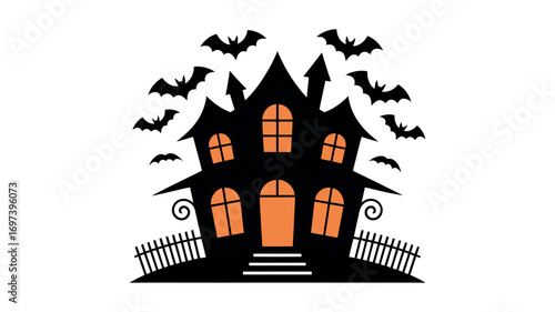 Black haunted house with flying bats and orange glowing windows Halloween