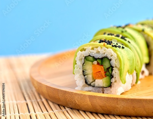 Delicious avocado sushi roll with rice and vegetables on wooden plate, healthy food