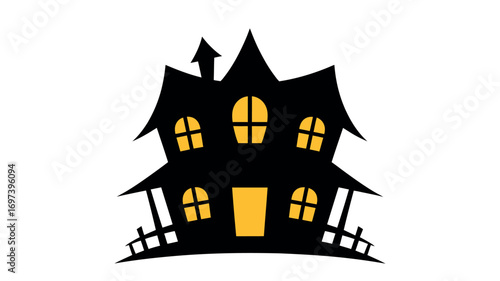 Black Haunted House With Yellow Windows And Picket Fence halloween 