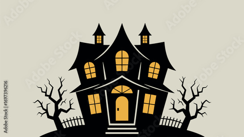 Spooky black haunted house with glowing windows and bare trees Halloween