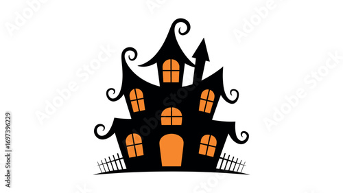 Spooky Black Haunted House With Orange Windows And Fence
