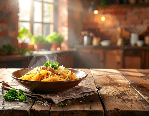 Delicious spaghetti with tomato sauce and parsley on a rustic wooden table top view