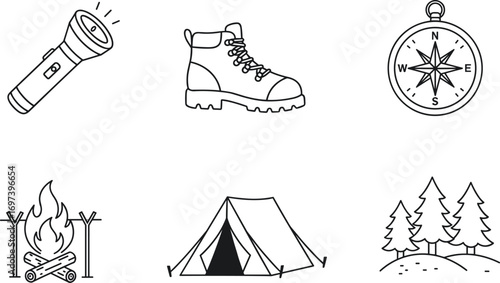 Essential camping gear icons set including flashlight, hiking boot, compass, campfire, tent, and forest trees for outdoor adventure.
