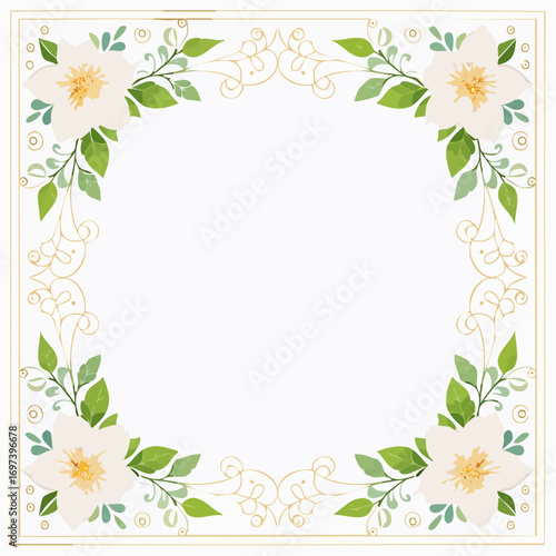 Elegant Floral Frame Watercolor Flowers & Golden Vines