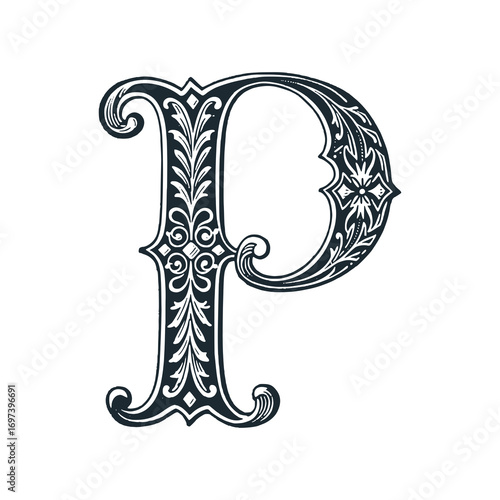 Letter P victoria style with curve floral decoration. Black white vector illustration.	