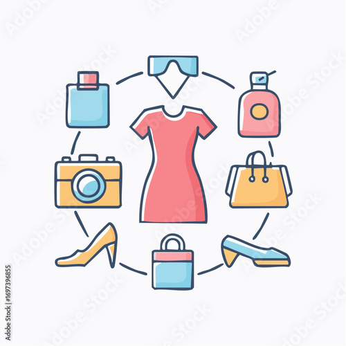 Minimalist vector icon set of women's fashion, shopping, and style accessories concept