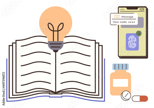 Open book with light bulb, smartphone with verification message and fingerprint icon, medicine bottle, and pills. Ideal for learning, education, technology, healthcare, innovation security modern
