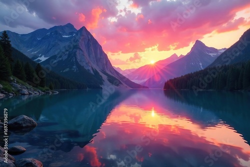 Serene Mountain Lake Sunset Tranquil Golden Hour Reflection for Meditation, Mindfulness, and Wellness