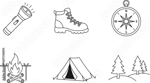 Camping essentials line art icons including flashlight, hiking boot, compass, campfire, tent, and forest trees for outdoor adventure.