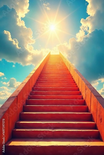 Endless staircase ascending into a bright, sunlit sky; perfect for concepts of ambition, progress, and journey  A beautiful architectural detail with repeating patterns ,  surreal,  repetition