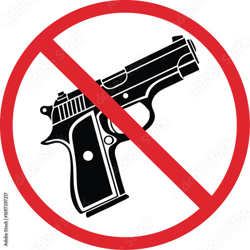 No Guns Allowed Symbol Red Circle with Slash Over Black Handgun Silhouette Promoting Gun Control and Public Safety Awareness
