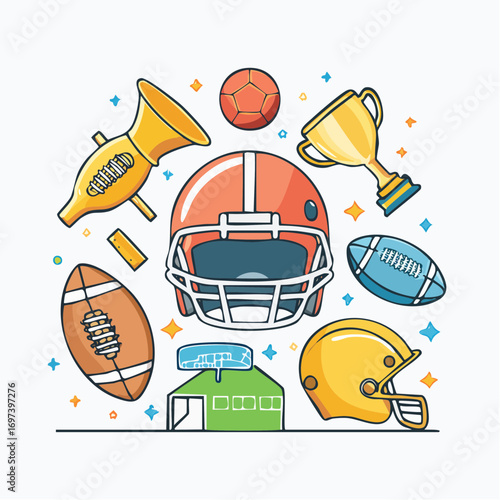 A colorful collection of American football gear icons, featuring helmets, balls, a stadium, and a trophy