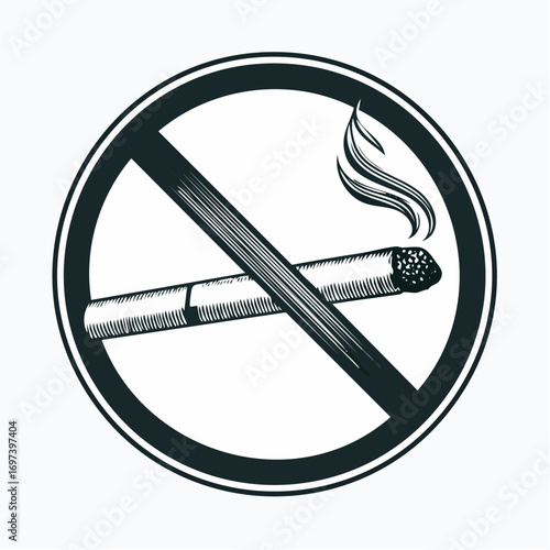 Black and white vector of a smoking cigarette inside a bold prohibition circle, stylized for signs or posters