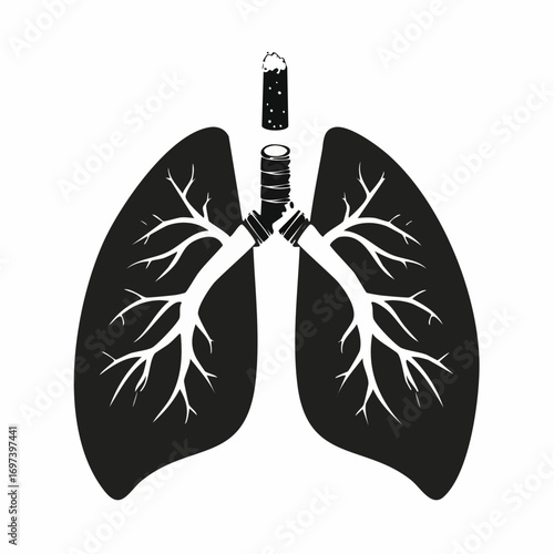 Vector silhouette of lungs in black and white, with a broken cigarette symbolizing smoking damage and prohibition