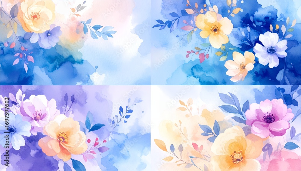 Obraz premium パステル調で描かれた四季の水彩フローラルパネル