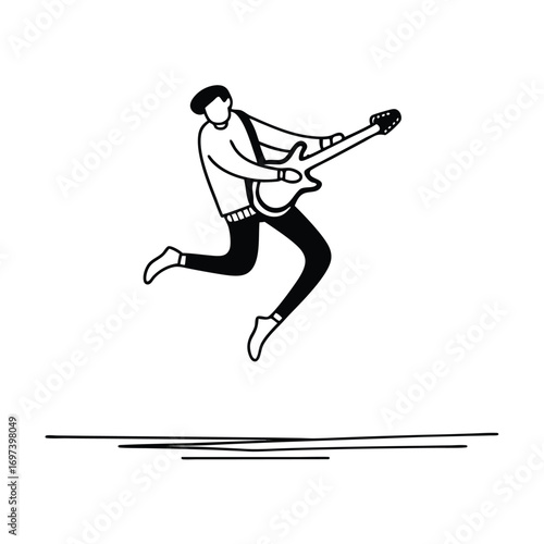 Black Silhouette Vector of Guitarist Jumping Mid Air