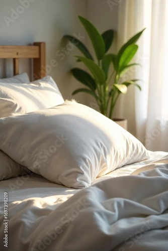 Soft, fluffy pillow resting on a plush, white bedspread, ready for a peaceful night's sleep Sunlight streams in, illuminating the scene , texture, bedroom decor