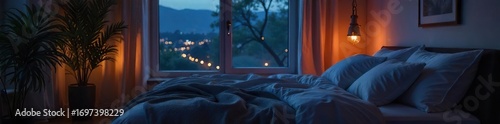 Serene nighttime scene featuring soft, diffused lighting illuminating a cozy bedroom with a plush bed and tranquil decor, perfect for sleep-related projects , calm, wellbeing