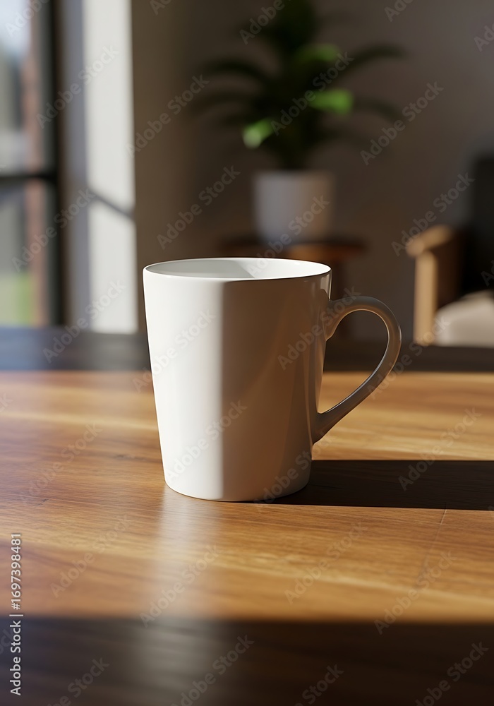 Fototapeta premium Morning light illuminating a white mug on a wooden table surface
