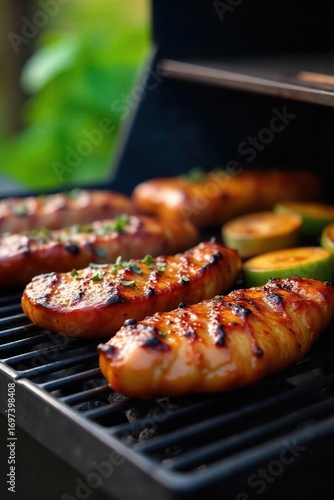 Delicious grilled food kept warm on a smoker, ready to serve Perfectly seared meats and vegetables maintain their juicy texture and smoky flavor , hot, juicy, foodphotography