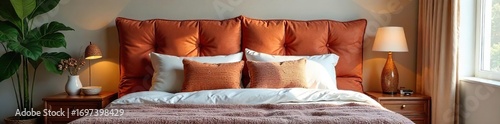 Cozy bedroom featuring a headboard made entirely of plush cushions, offering a unique and comfortable design element  Perfect for a bohemian or eclectic interior ,  bedroom decor,  calm