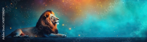 Majestic lion resting in a vibrant colorful galaxy sky with stars and nebulae creating a stunning surreal cosmic scene perfect for fantasy or wildlife themes