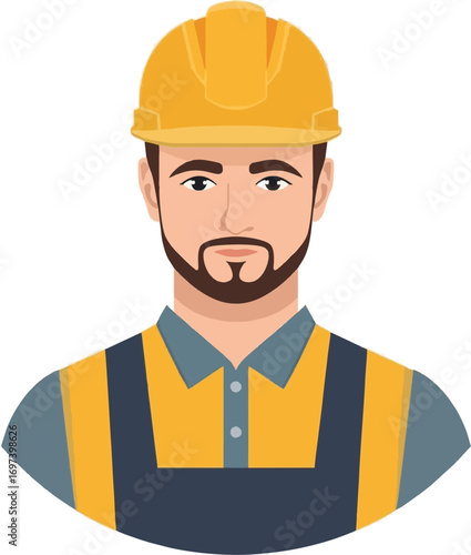 Man in overalls and yellow hard hat for construction, engineering, industrial, and work safety themes in business presentations or promotional materials.