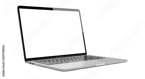 A modern silver laptop with a blank white screen is open and angled to the right, isolated on a clean transparent background