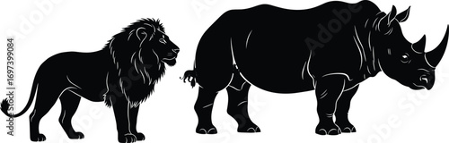 Lion and rhino silhouette illustration, African wildlife animals, jungle predator and herbivore vector, nature art, wild safari animal clipart