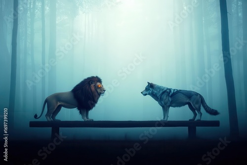 Illustration of a lion and a wolf facing each other on a wooden platform in a mystical foggy forest at dawn with soft blue lighting and atmospheric scenery