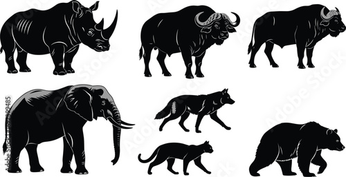 Flat vector illustration of African wild animals, rhinoceros, buffalo, elephant, wolf, panther, bear, wildlife silhouettes, nature, safari, mammal, animal kingdom, jungle fauna