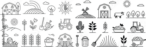 Set of hand drawn outline agriculture related elements farm and farming life symbols country life icons collection