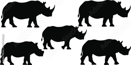 Flat vector illustration of five rhinoceros silhouettes, wild animals, wildlife herd, nature, African savannah, endangered species, black silhouette, strong, powerful, mammal, big animals