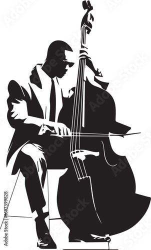 A black and white graphic of a musician playing a contrabass.

