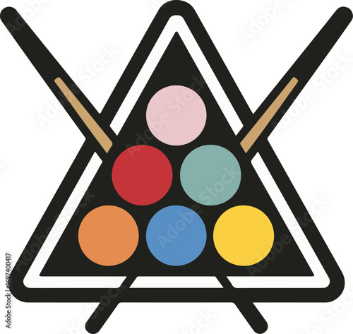A graphic of a pool ball rack with multiple colored balls and two cues.