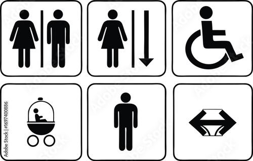 Various black and white public service icons representing restrooms accessibility and gender neutral facilities in a modern design set for signage and wayfinding systems