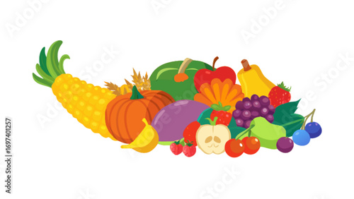 Harvest bounty of fresh fruits and vegetables corn pumpkin apple pear grape cherry plum banana for thanksgiving