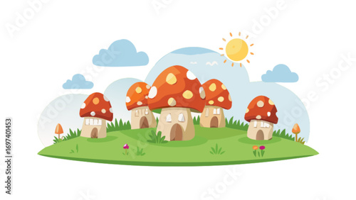 Mushroom house village illustration with sun and clouds vector art for children's books and fantasy art