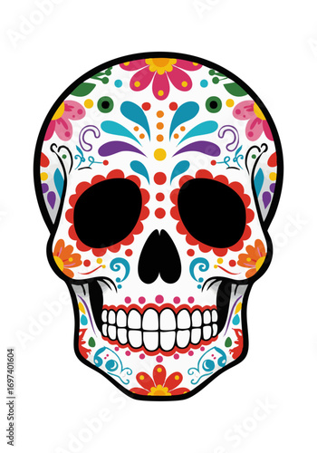 Bold Sugar Skull with Vibrant Flowers and Intricate Details