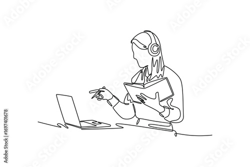 Study online or  webinar concept. Single line draw design. Vector graphic illustration
