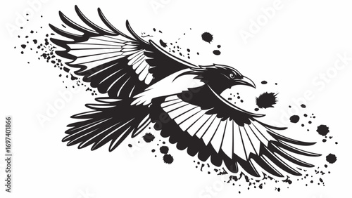 Flying magpie vector illustration in black and white with ink splatter design for tattoo and logo design