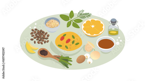Healthy food ingredients for cooking recipe including orange eggs oil and fresh vegetables illustration
