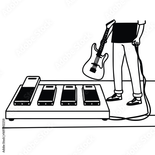 Flat Vector of Guitarist With Pedal Board Silhouette