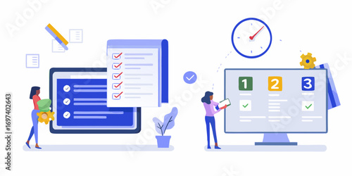 Two people working on digital tasks and projects with checklists and progress indicators