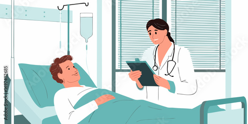 Doctor with stethoscope and clipboard talking to patient in hospital bed with iv drip