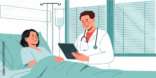 Doctor consults patient lying in hospital bed with iv drip and tablet