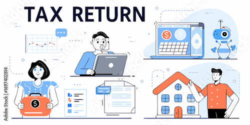 Tax return concept illustration with people documents laptop robot and house