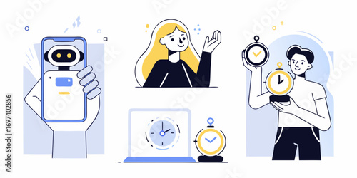 Modern illustration of people interacting with technology and time management concepts
